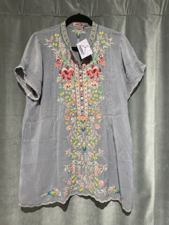 Johnny Was Tops - Johnny Was Embroidered Boho Tunic in Gray with Multicolor Floral Stitching